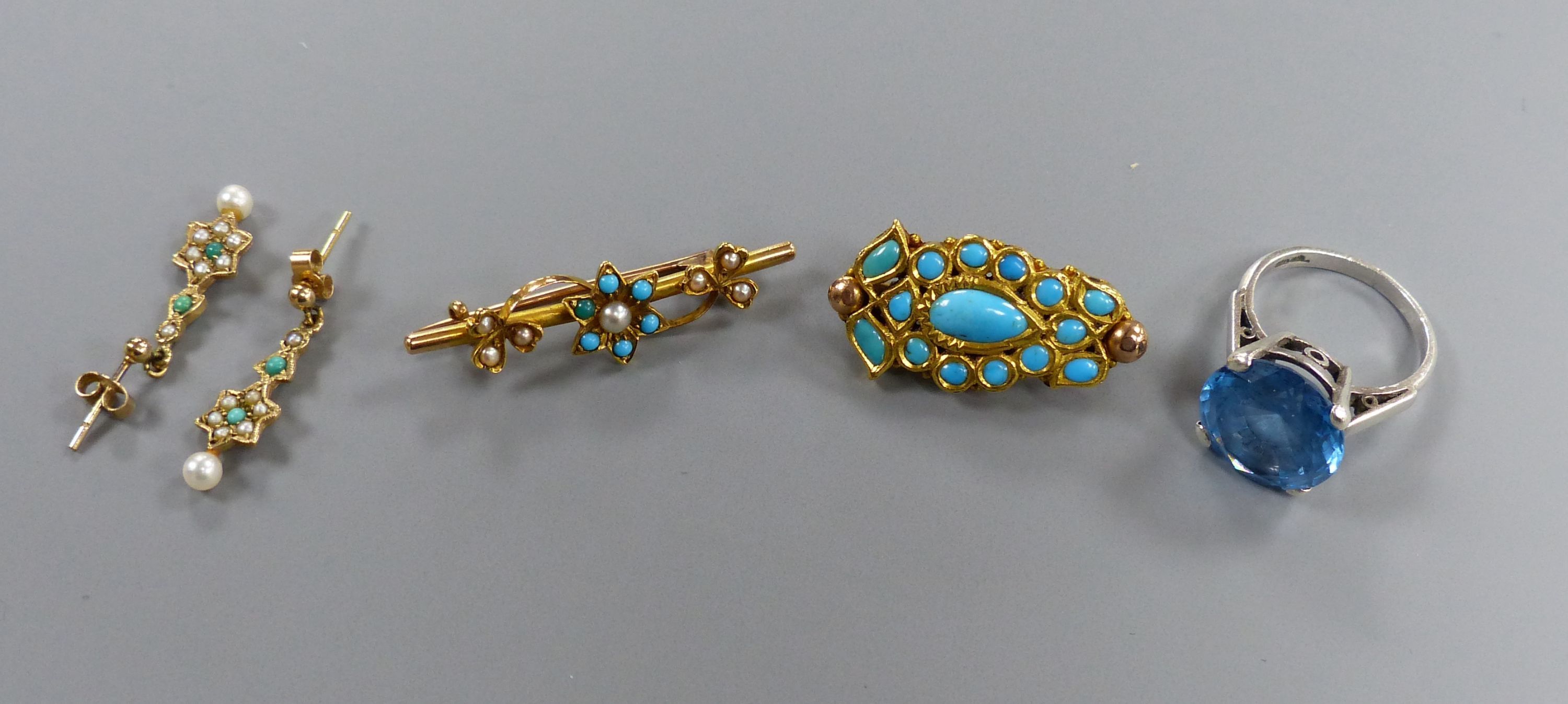 A pair of 9ct gold seed pearl and turquoise set earrings and three other items,